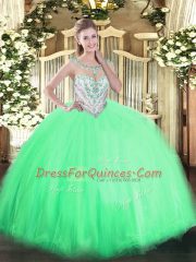 Delicate Apple Green Tulle Zipper Scoop Sleeveless Floor Length Quinceanera Gowns Beading
