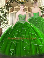 Gorgeous Floor Length Lace Up Quinceanera Dress Green for Military Ball and Sweet 16 and Quinceanera with Beading and Ruffles