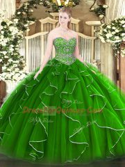Gorgeous Floor Length Lace Up Quinceanera Dress Green for Military Ball and Sweet 16 and Quinceanera with Beading and Ruffles