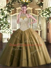Brown Ball Gowns Halter Top Sleeveless Tulle Floor Length Lace Up Beading and Appliques Sweet 16 Quinceanera Dress