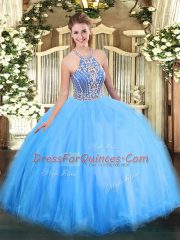 Sleeveless Tulle Floor Length Lace Up Sweet 16 Dresses in Blue with Beading