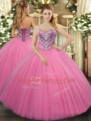 Floor Length Rose Pink Sweet 16 Dresses Sweetheart Sleeveless Lace Up