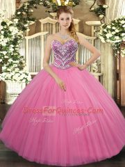 Floor Length Rose Pink Sweet 16 Dresses Sweetheart Sleeveless Lace Up