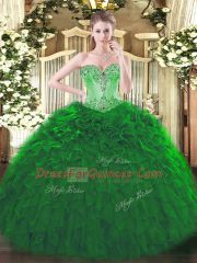 Spectacular Floor Length Dark Green Quinceanera Gowns Organza Sleeveless Beading and Ruffles
