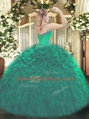 Spectacular Floor Length Dark Green Quinceanera Gowns Organza Sleeveless Beading and Ruffles