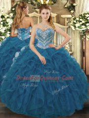 Sumptuous Floor Length Lace Up 15 Quinceanera Dress Teal for Military Ball and Sweet 16 and Quinceanera with Beading and Ruffled Layers