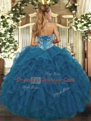 Sumptuous Floor Length Lace Up 15 Quinceanera Dress Teal for Military Ball and Sweet 16 and Quinceanera with Beading and Ruffled Layers