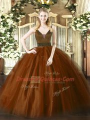 Fabulous Brown Ball Gowns Beading Quince Ball Gowns Zipper Tulle Sleeveless Floor Length