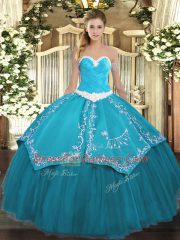 Teal Ball Gowns Organza and Taffeta Sweetheart Sleeveless Appliques and Embroidery Floor Length Lace Up Sweet 16 Dress