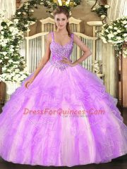Designer Lilac Straps Lace Up Beading and Ruffles Quinceanera Gown Sleeveless