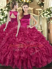 Bateau Sleeveless Ball Gown Prom Dress Floor Length Ruffles Fuchsia Organza
