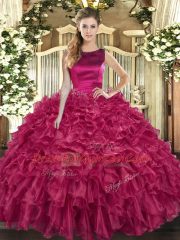Bateau Sleeveless Ball Gown Prom Dress Floor Length Ruffles Fuchsia Organza