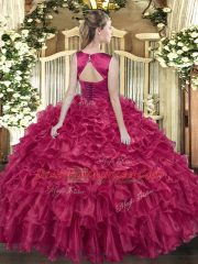 Bateau Sleeveless Ball Gown Prom Dress Floor Length Ruffles Fuchsia Organza