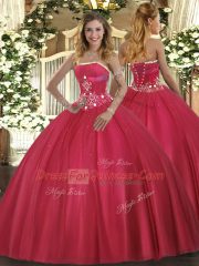 Discount Strapless Sleeveless Sweet 16 Dress Floor Length Beading Red Tulle