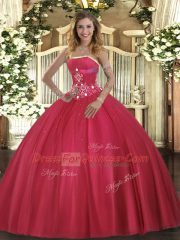 Discount Strapless Sleeveless Sweet 16 Dress Floor Length Beading Red Tulle