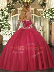 Discount Strapless Sleeveless Sweet 16 Dress Floor Length Beading Red Tulle