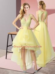 Exceptional Yellow A-line Beading Dress for Prom Backless Tulle Sleeveless High Low