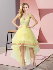 Exceptional Yellow A-line Beading Dress for Prom Backless Tulle Sleeveless High Low
