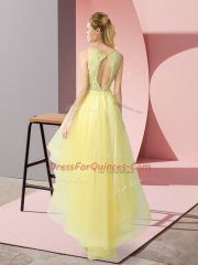 Exceptional Yellow A-line Beading Dress for Prom Backless Tulle Sleeveless High Low