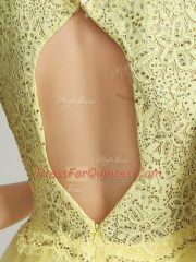 Exceptional Yellow A-line Beading Dress for Prom Backless Tulle Sleeveless High Low