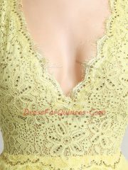 Exceptional Yellow A-line Beading Dress for Prom Backless Tulle Sleeveless High Low