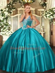 Sleeveless Satin Floor Length Lace Up Quinceanera Gowns in Teal with Beading