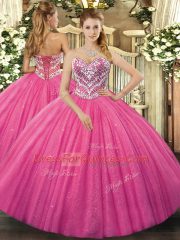 Gorgeous Floor Length Lace Up Quinceanera Dresses Hot Pink for Military Ball and Sweet 16 and Quinceanera with Beading