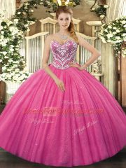 Gorgeous Floor Length Lace Up Quinceanera Dresses Hot Pink for Military Ball and Sweet 16 and Quinceanera with Beading
