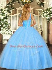 Dazzling V-neck Sleeveless Lace Up Sweet 16 Dresses Blue Tulle