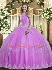 Discount Lilac Ball Gowns Tulle High-neck Sleeveless Beading and Appliques Floor Length Lace Up Quinceanera Dress