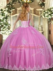 Discount Lilac Ball Gowns Tulle High-neck Sleeveless Beading and Appliques Floor Length Lace Up Quinceanera Dress
