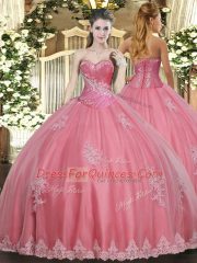 Dramatic Watermelon Red Tulle Lace Up Sweetheart Sleeveless Floor Length Quinceanera Dresses Beading and Appliques