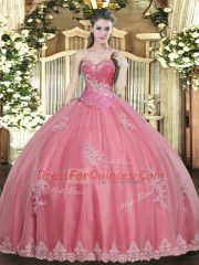 Dramatic Watermelon Red Tulle Lace Up Sweetheart Sleeveless Floor Length Quinceanera Dresses Beading and Appliques