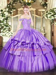 Adorable Floor Length Lavender Quinceanera Dresses Off The Shoulder Sleeveless Lace Up