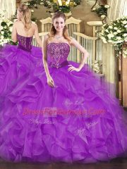 Strapless Sleeveless Lace Up Sweet 16 Quinceanera Dress Purple Organza