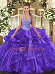 Amazing Purple Lace Up Straps Beading and Ruffles Ball Gown Prom Dress Organza Sleeveless