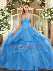 Baby Blue Ball Gowns Beading and Ruffles Quinceanera Gown Lace Up Tulle Sleeveless Floor Length