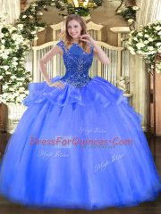 Blue Ball Gowns Organza Scoop Cap Sleeves Beading Floor Length Zipper Sweet 16 Dress
