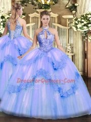 Blue Ball Gowns Appliques and Sequins 15 Quinceanera Dress Lace Up Tulle Sleeveless Floor Length