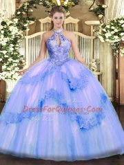 Blue Ball Gowns Appliques and Sequins 15 Quinceanera Dress Lace Up Tulle Sleeveless Floor Length