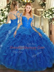Blue Tulle Lace Up Quinceanera Dress Long Sleeves Floor Length Lace and Ruffles