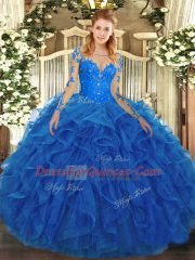Blue Tulle Lace Up Quinceanera Dress Long Sleeves Floor Length Lace and Ruffles