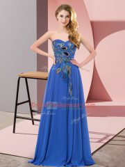 Lovely Blue Empire Chiffon Sweetheart Sleeveless Embroidery Floor Length Lace Up Dress for Prom