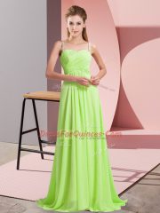 Great Yellow Green Spaghetti Straps Criss Cross Ruching Prom Party Dress Sweep Train Sleeveless