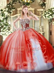 Smart Ball Gowns Ball Gown Prom Dress Coral Red Strapless Tulle Sleeveless Floor Length Lace Up