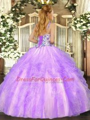 Most Popular Straps Sleeveless Tulle Quince Ball Gowns Beading and Ruffles Lace Up