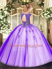 Scoop Sleeveless Tulle Quinceanera Gown Beading and Appliques Lace Up