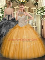 On Sale Orange Ball Gowns Tulle Halter Top Sleeveless Beading and Ruffles Floor Length Lace Up 15 Quinceanera Dress