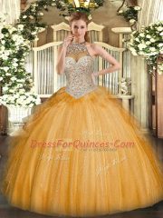 On Sale Orange Ball Gowns Tulle Halter Top Sleeveless Beading and Ruffles Floor Length Lace Up 15 Quinceanera Dress