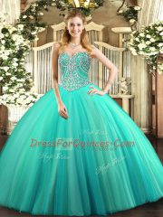 Latest Aqua Blue Sleeveless Beading Floor Length Quinceanera Gowns
